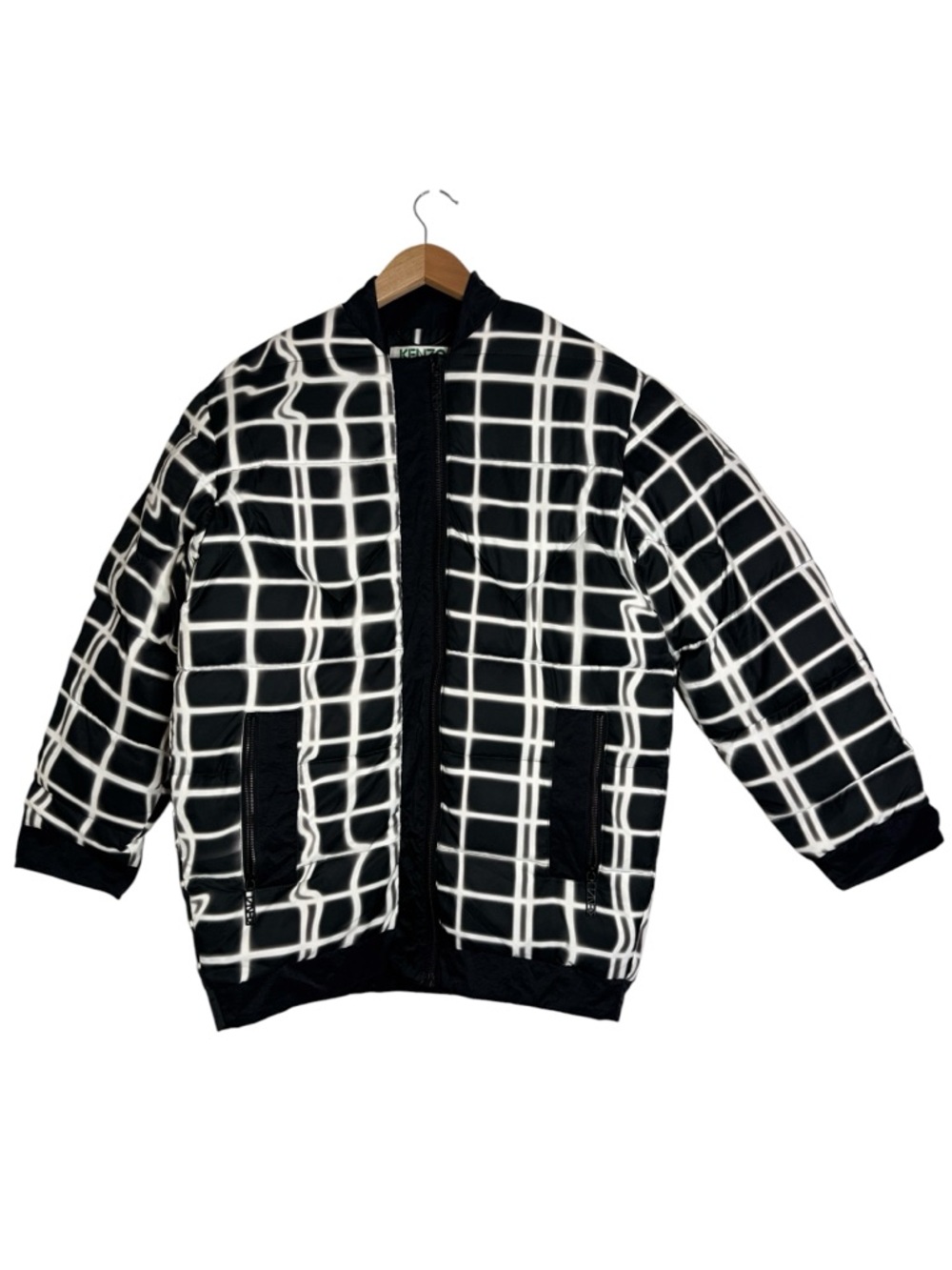 Kenzo Black/White Geometric Grid Print Full Zip Up Quilted Puffer Jacket  size S